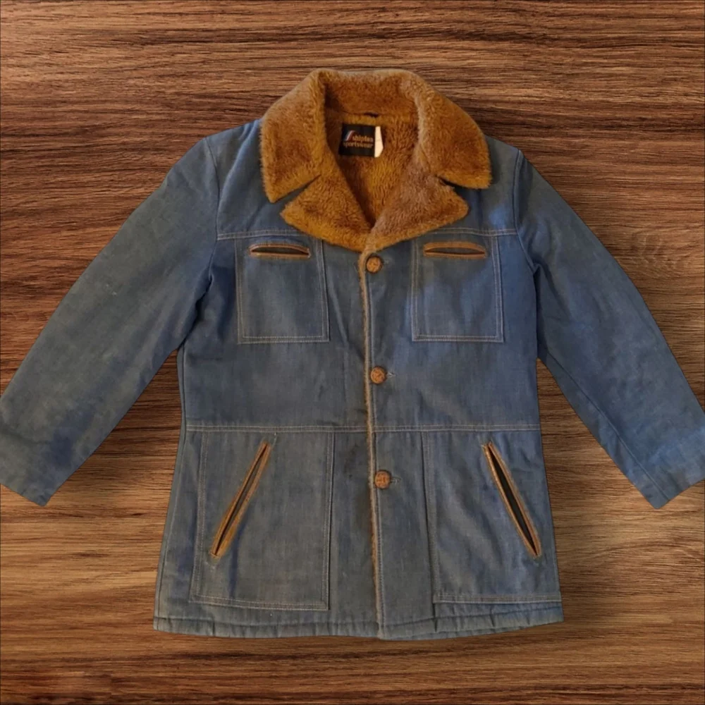 70's Vintage Denim Barn Coat by Shipton Sportswear Faux Fur Lined